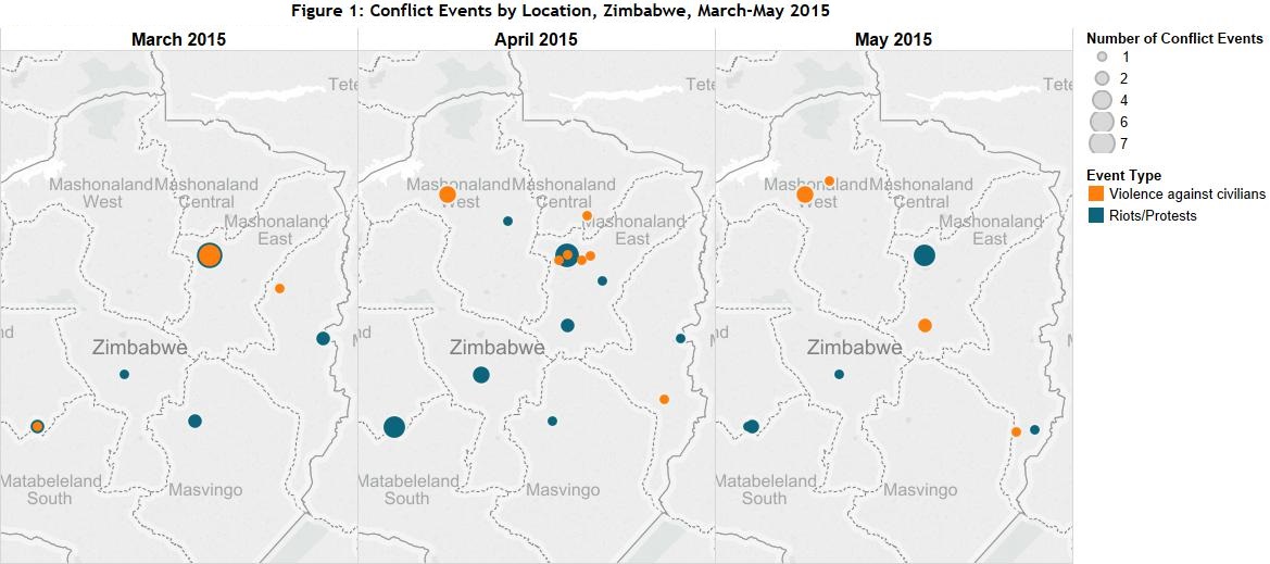Figure 1 Conflict Events by Location, Zimbabwe, March-May 2015