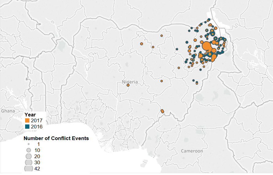 Figure 2: Number of Conflict Events involving Boko Haram by Location in Nigeria, in 2016 and 2017