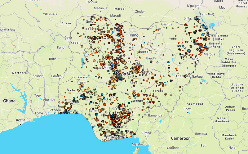 map of nigeria with political violence events marked on it