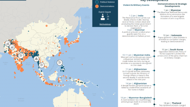 Monthly analysis of the latest ACLED data on political violence and protest trends across the Asia-Pacific region, highlighting potential early warning signs for closer monitoring.