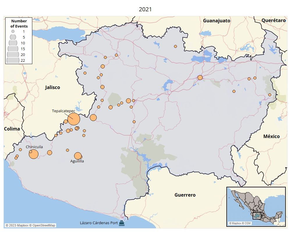 Map - Michoacan Final 2021 - Political Violence Involving the CJNG and Affiliates in Michoacán