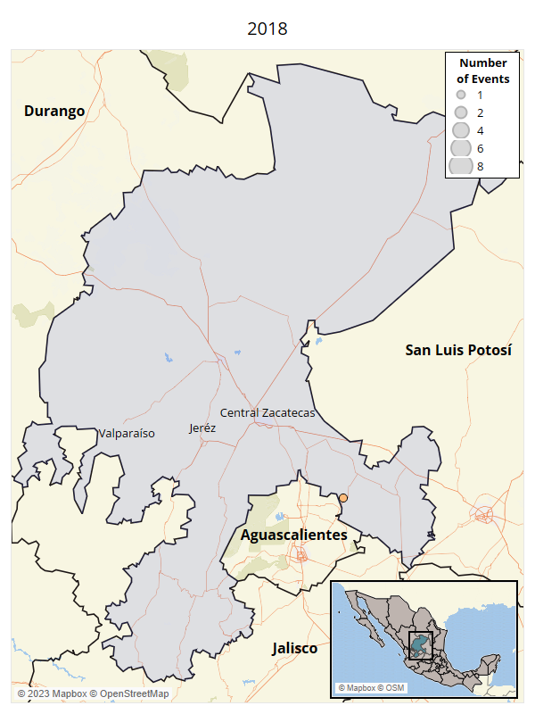 Map - Political Violence Involving the CJNG and Affiliates in Zacatecas - Zacatecas 2018