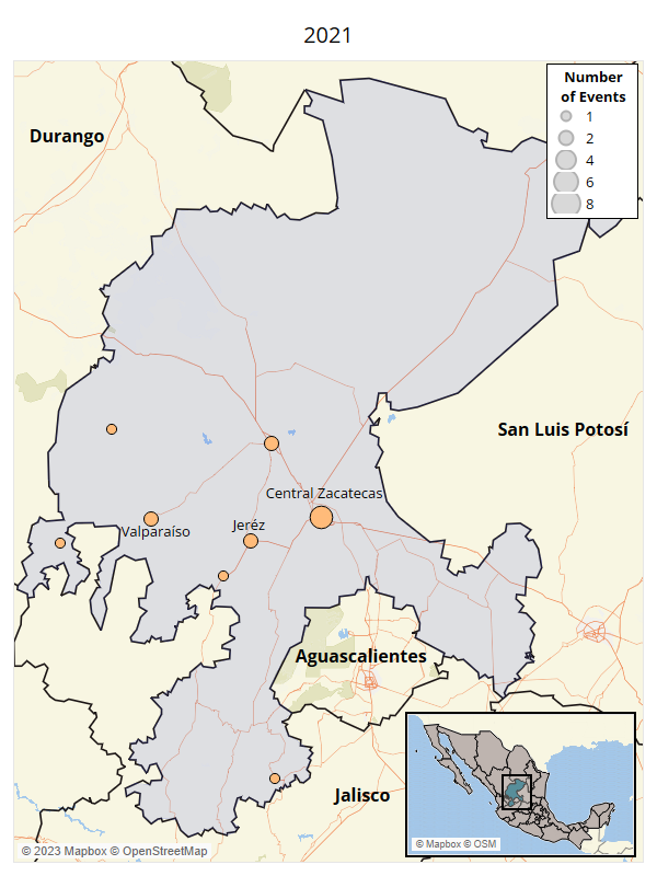 Map - Political Violence Involving the CJNG and Affiliates in Zacatecas - Zacatecas 2021