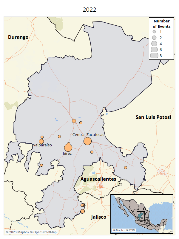 Map - Political Violence Involving the CJNG and Affiliates in Zacatecas - Zacatecas 2022