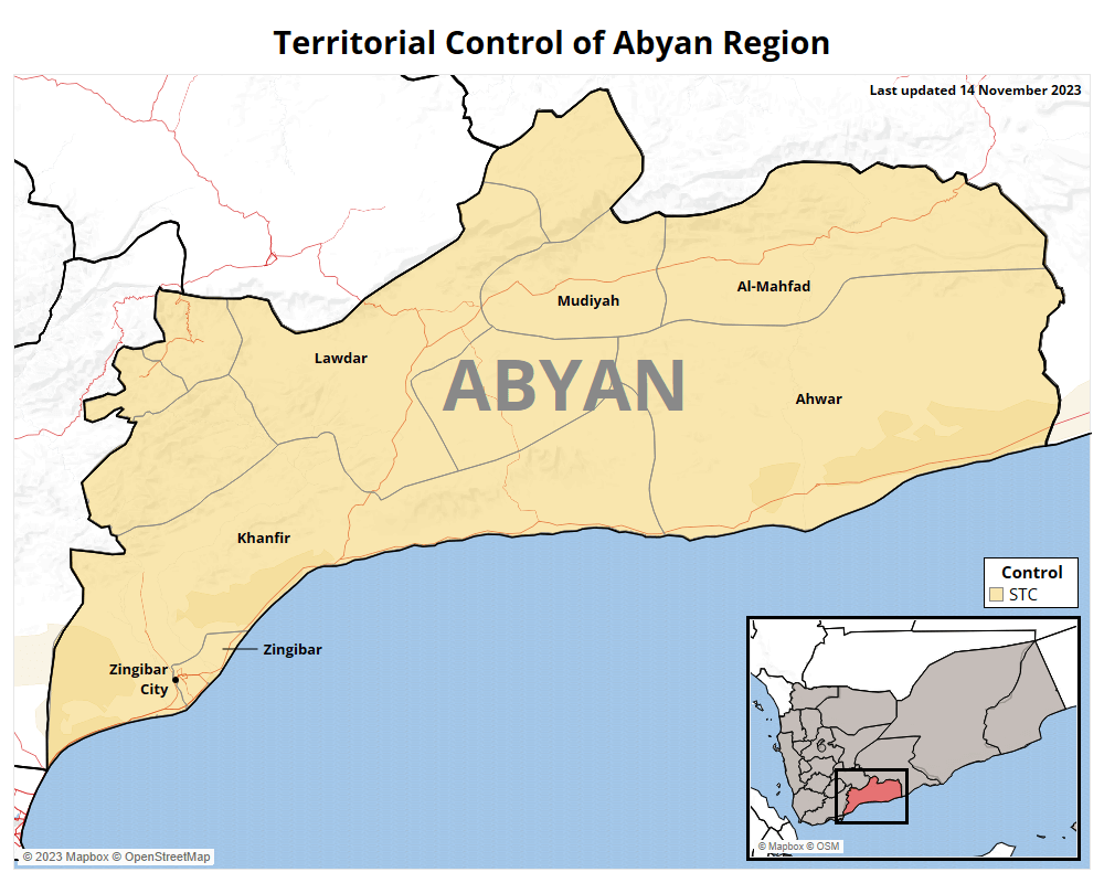 Map of territorial control in Yemen's Abyan Region as of January 2024