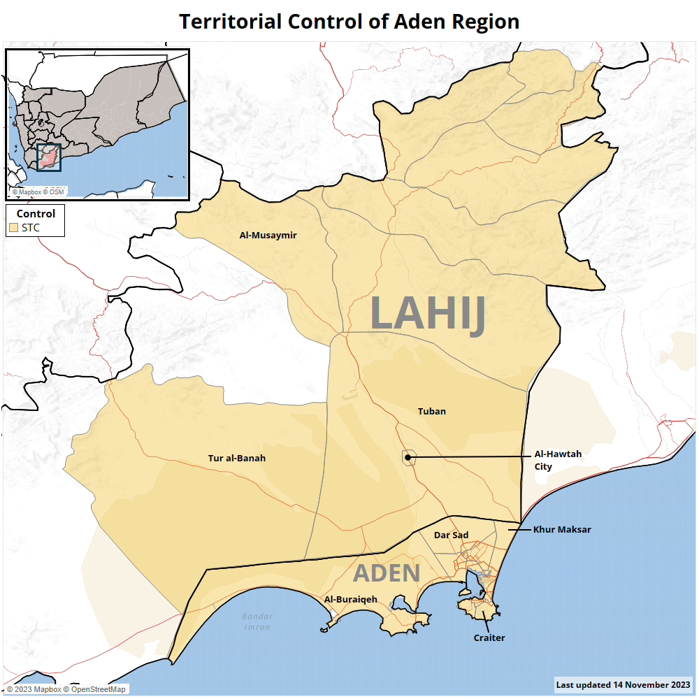 Map of territorial control in Yemen's Aden Region as of January 2024