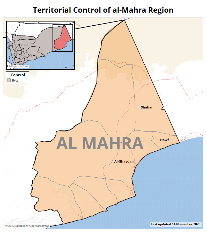 Map of territorial control in Yemen's Al-Mahra Region as of January 2024