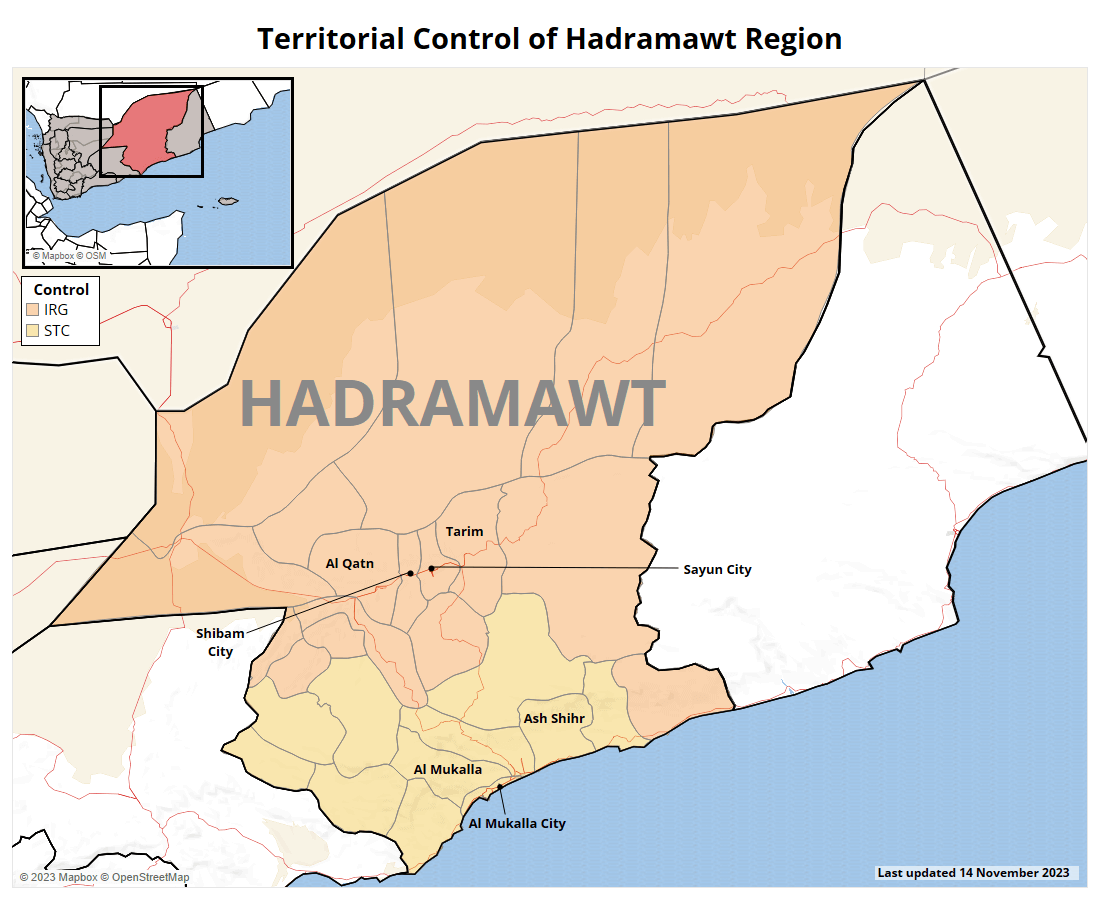 Map of territorial control in Yemen's Hadramawt Region as of January 2024