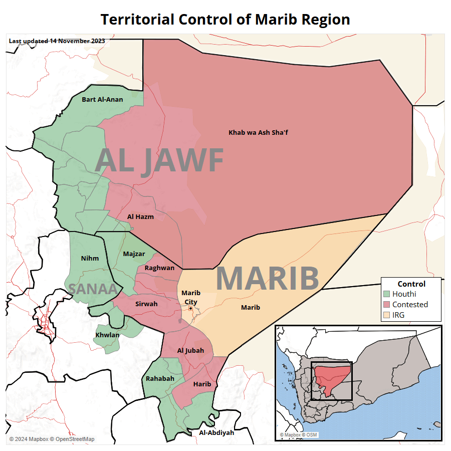 Map of territorial control in Yemen's Marib Region as of January 2024