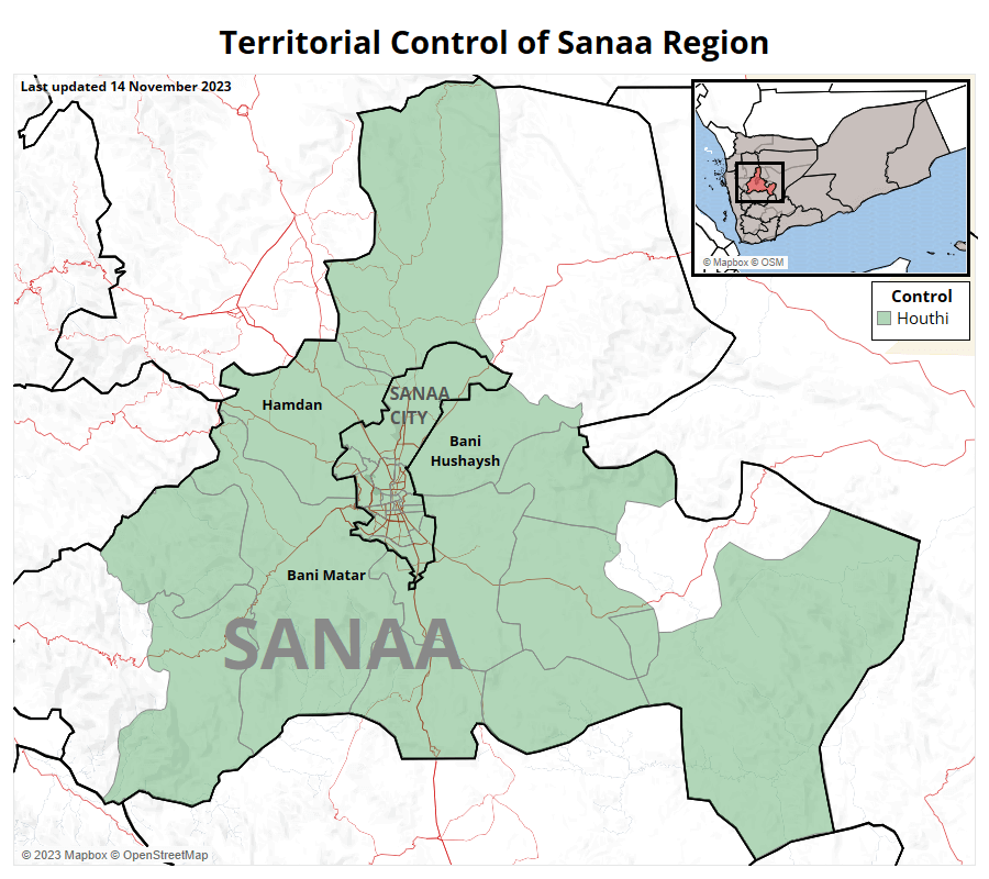 Map of territorial control in Yemen's Sanaa Region as of January 2024
