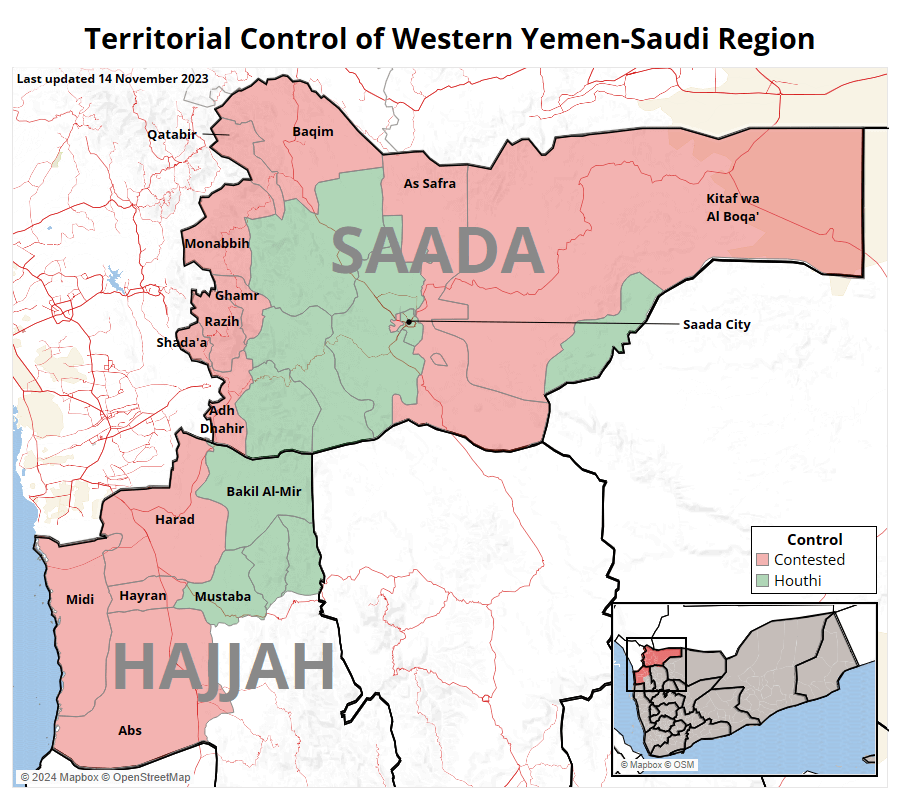 Map of territorial control in Western Yemen's Saudi Border Region as of January 2024