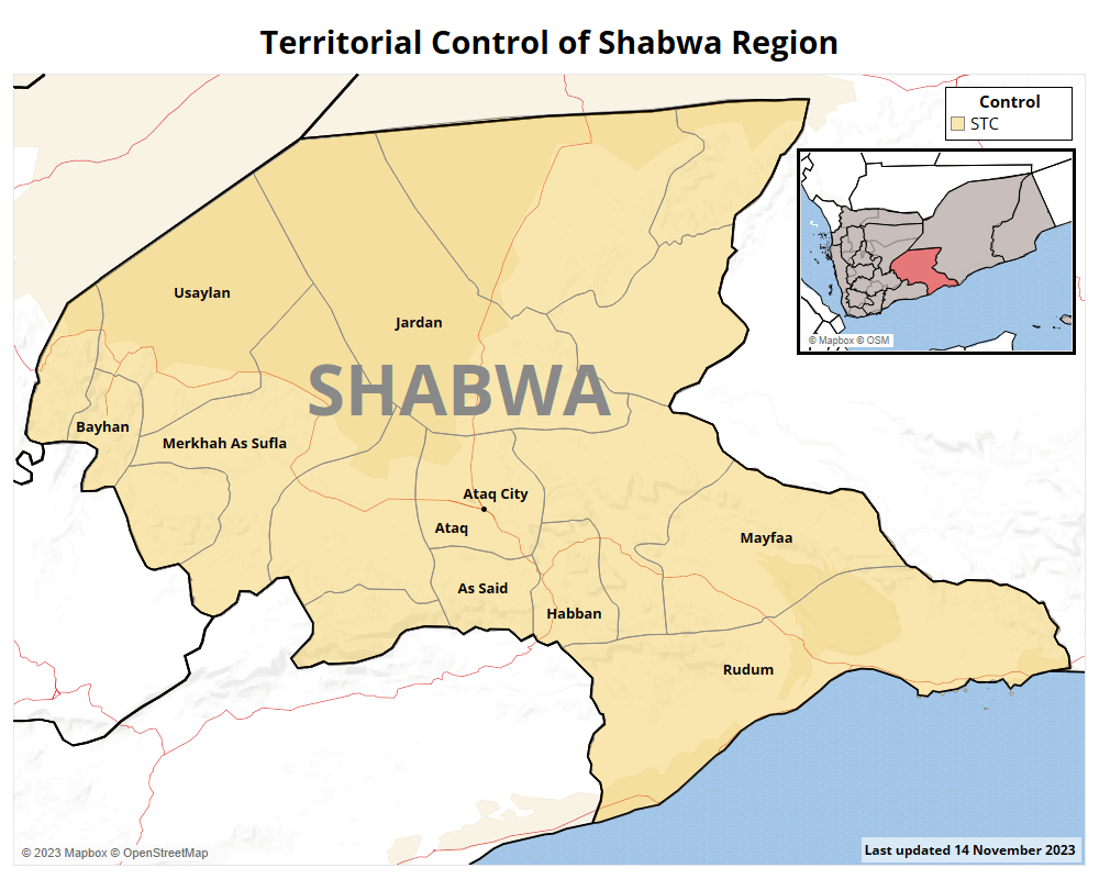 Map of territorial control in Yemen's Shabwa Region as of January 2024