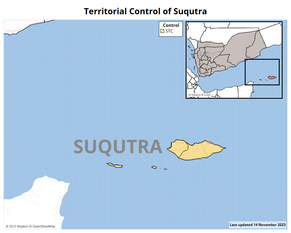 Map of territorial control in Yemen's Suqutra Region as of January 2024