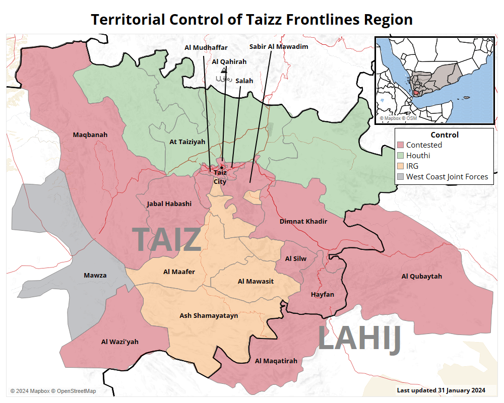Map of territorial control in Yemen's Taizz Region as of January 2024