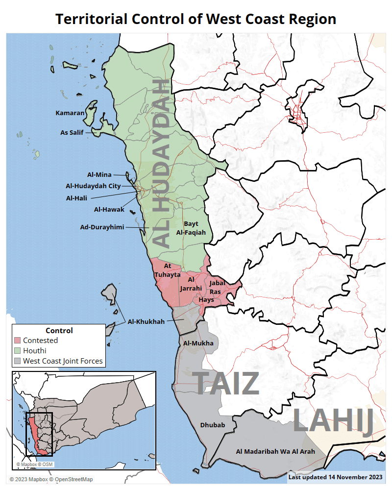 Map of territorial control in Yemen's West Coast Region as fo January 2024