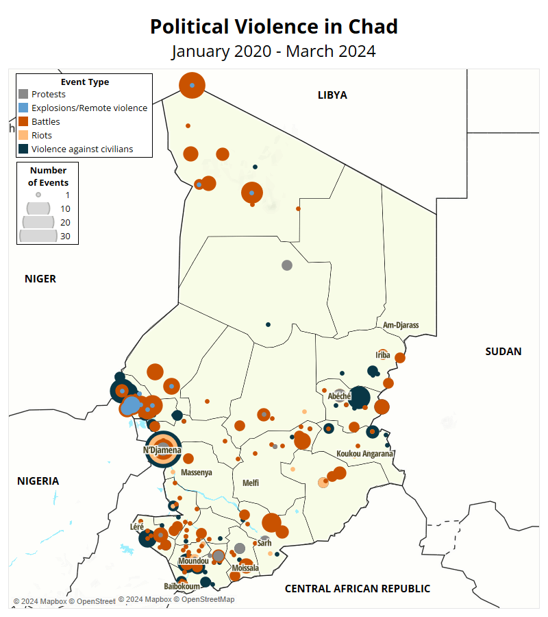 Election Watch Political violence in Chad Map January 2020 to March 2024