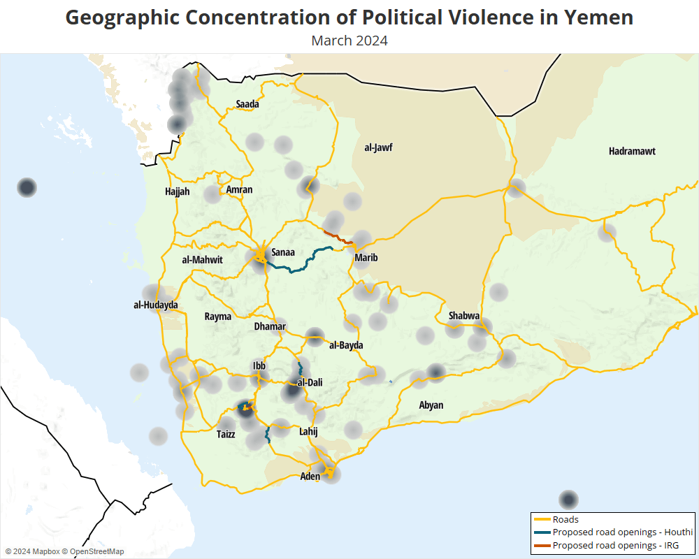 Map - YCO - March 2024 - Geographic concentration of political violence in Yemen