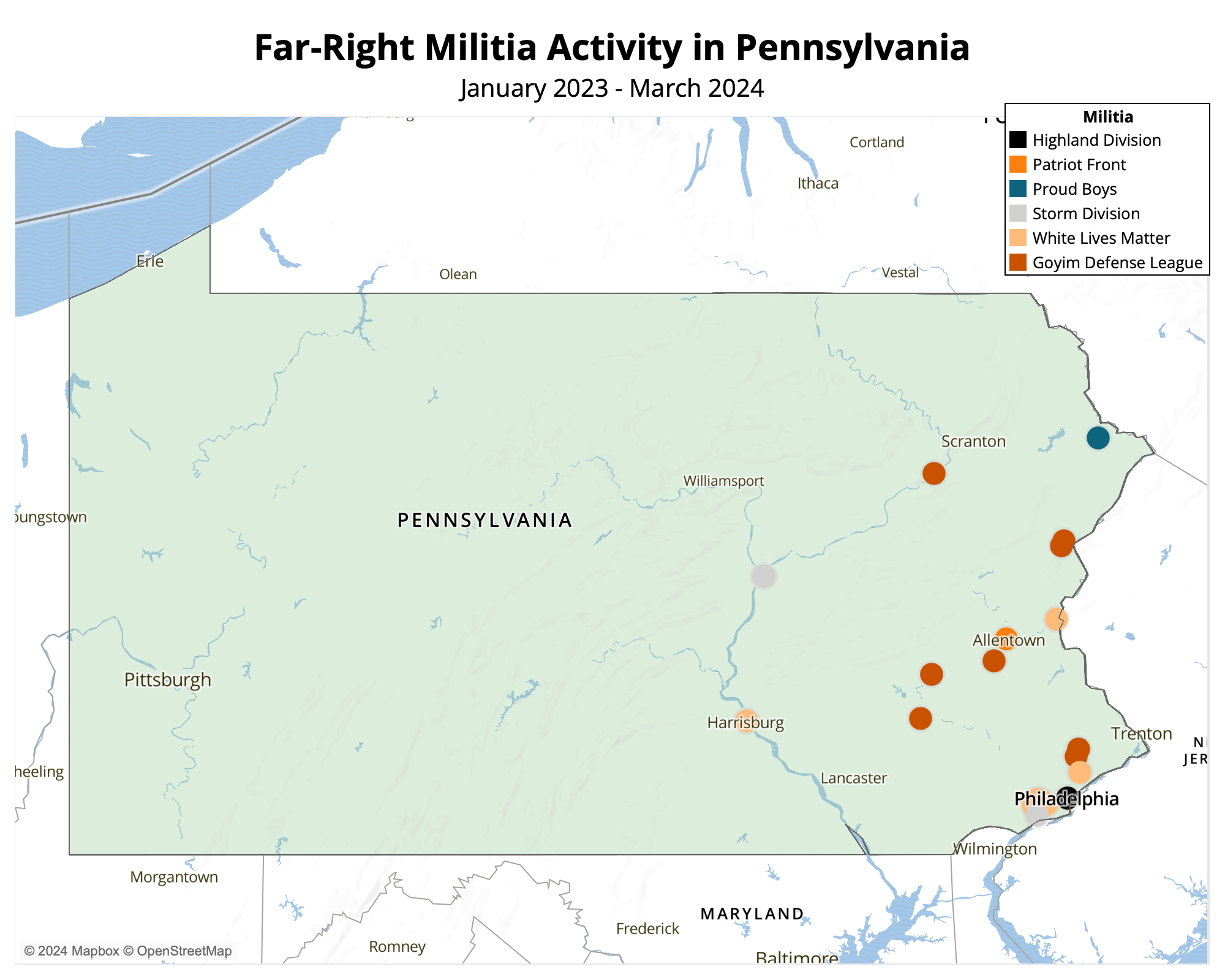 Map - March 2024 Far-Right militia activity in Pennsylvania