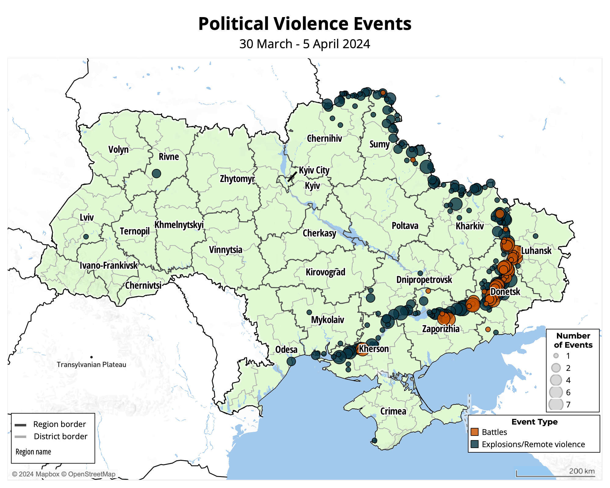 Map: Ukraine Conflict Monitor: Political violence events between March 30 and April 5 2024