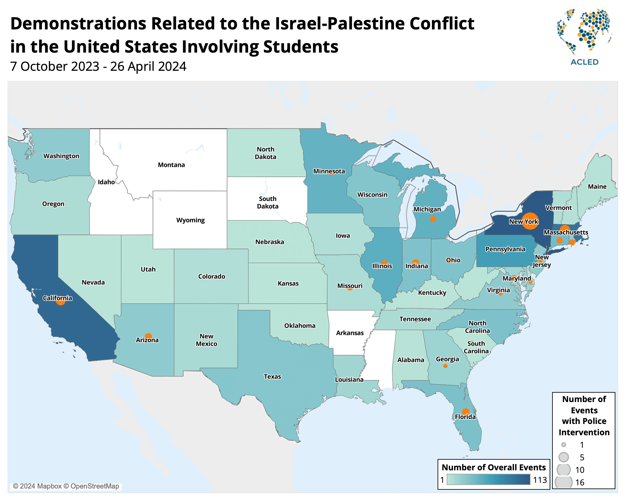 Map - Demonstrations related to the Israel-Palestine conflict in the United States involving students - April 2024