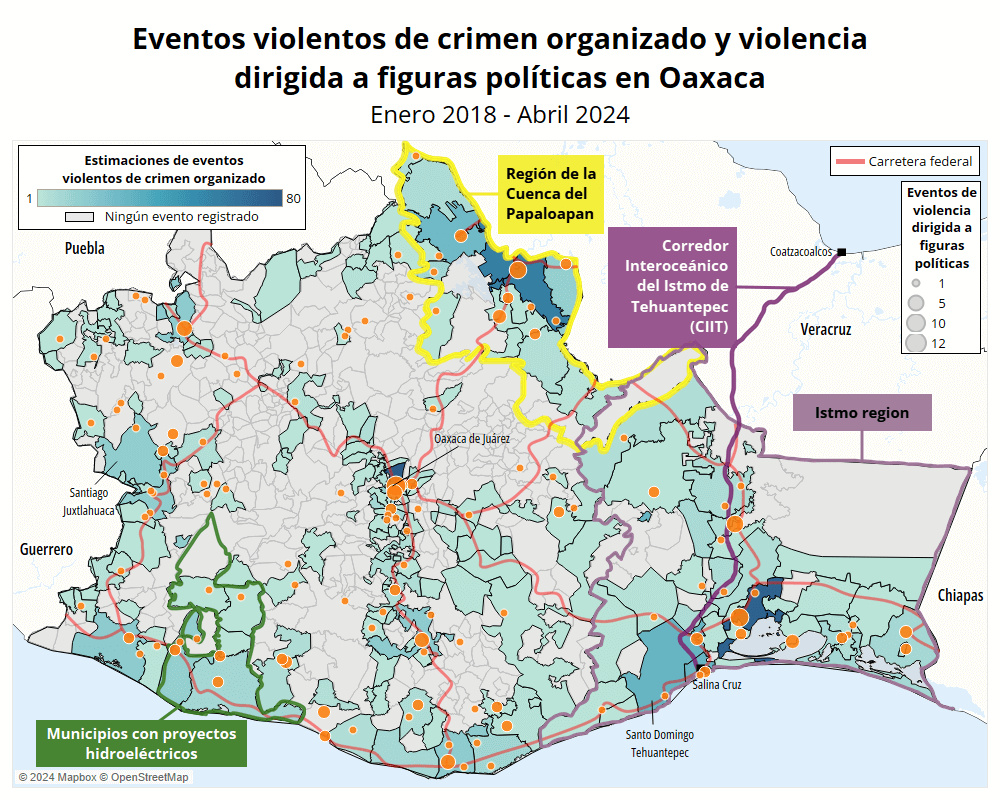 Map - Election watch - Mexico - Gang violence and targeting of political figures in Oaxaca - January 2018 to April 2024 - Spanish