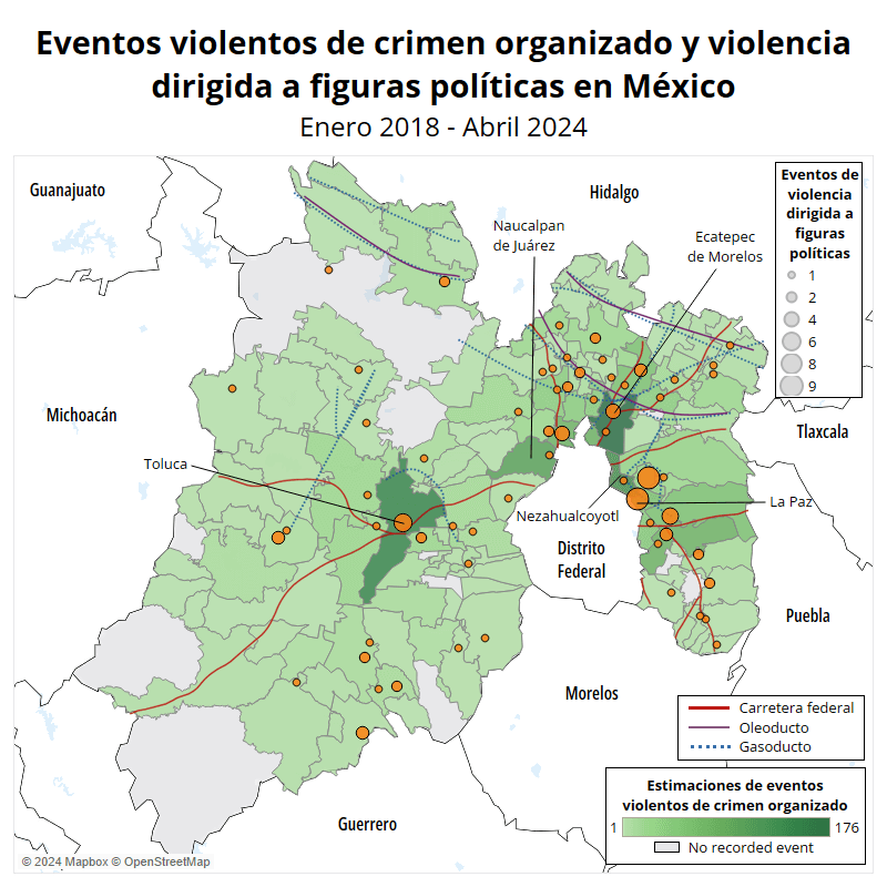 Map - SPANISH - Election watch -Gang violence and Targeting of Political figures in Mexico State - January 2018 - April 2024