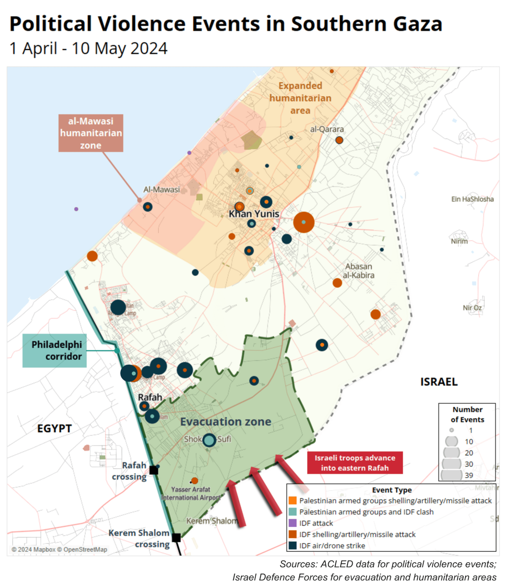 Map - Political violence events in southern Gaza - 1 April to 10 May 2024