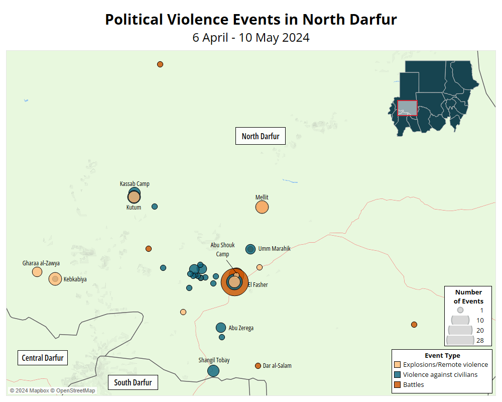 Map - Horn of Africa - Sudan - Political violence events in North Darfur - 6 April to 10 May 2024
