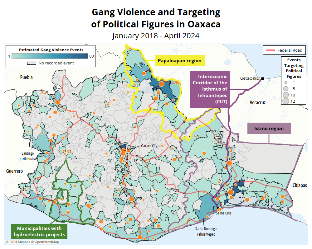 Map - Election watch - Mexico - Gang violence and targeting of political figures in Oaxaca - January 2018 to April 2024