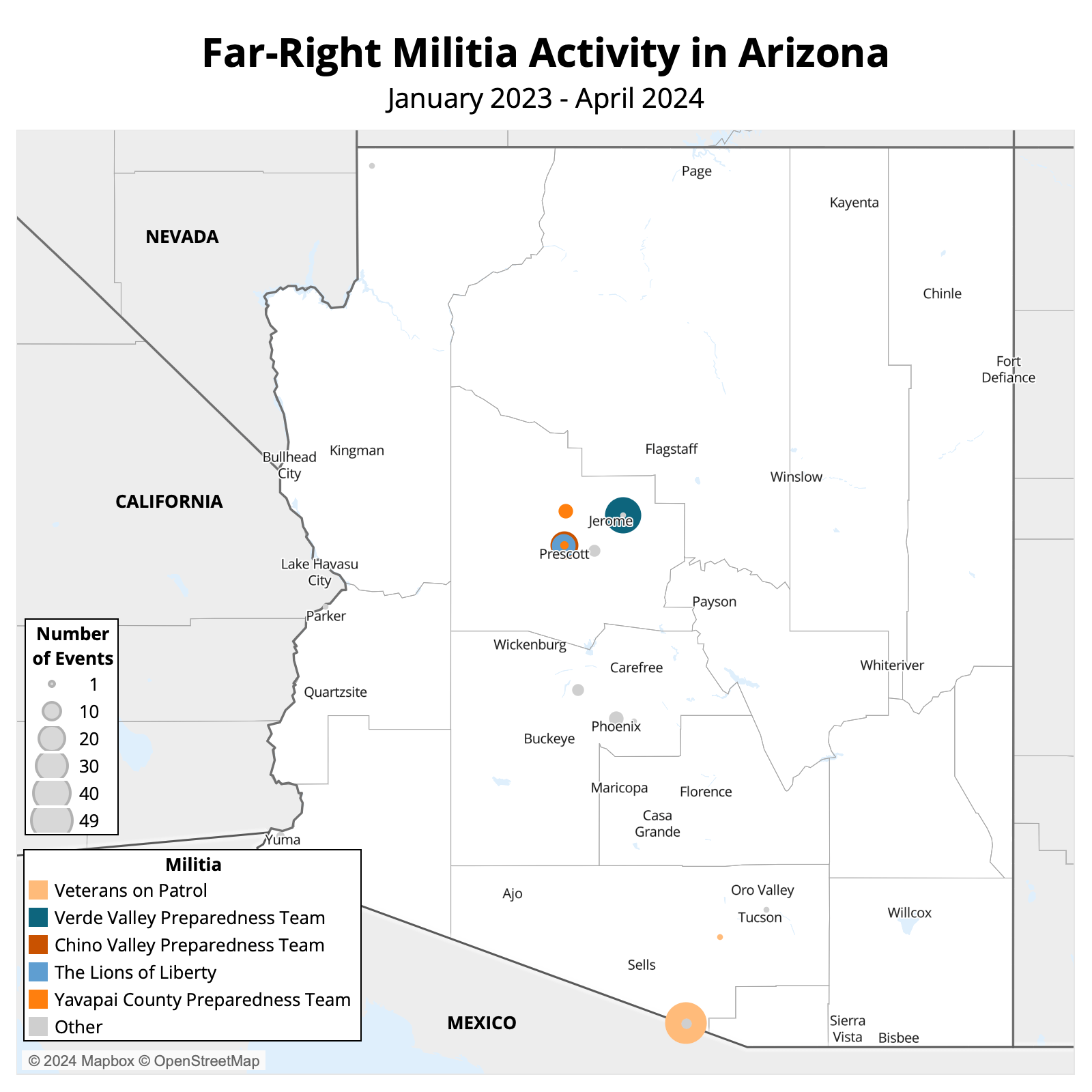 Map - US Crisis Monitor - Far-Right Militia activity in Arizona - January 2023 to April 2024