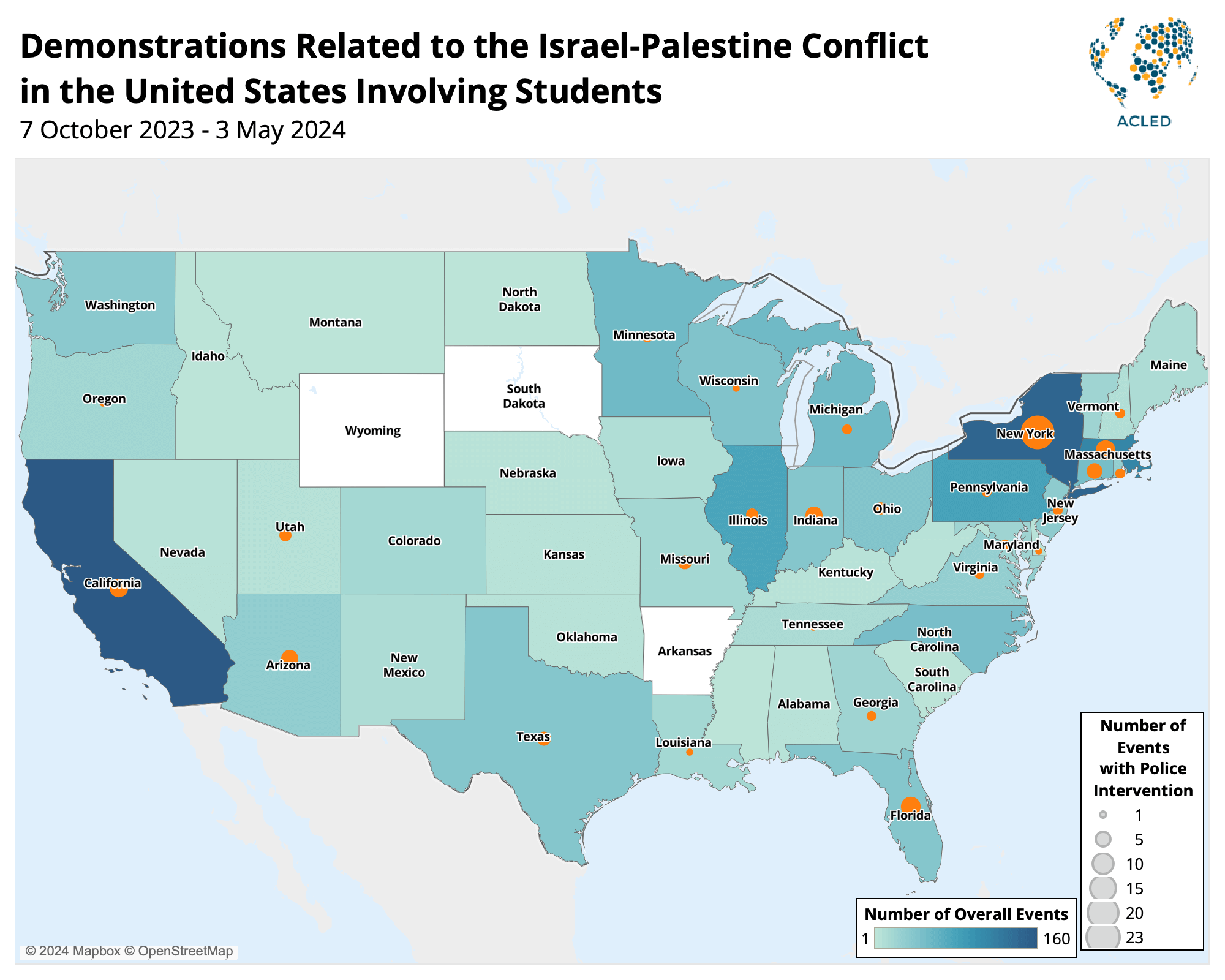 Map: Demonstrations related to the Israel-Palestine conflict in the US involving students