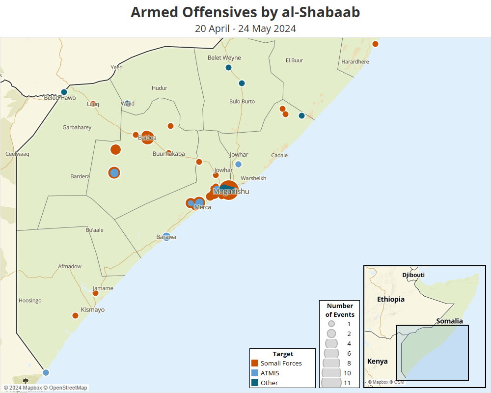 Map -Somalia - Armed offensives by al-Shabaab - 20 April - 24 May 2024