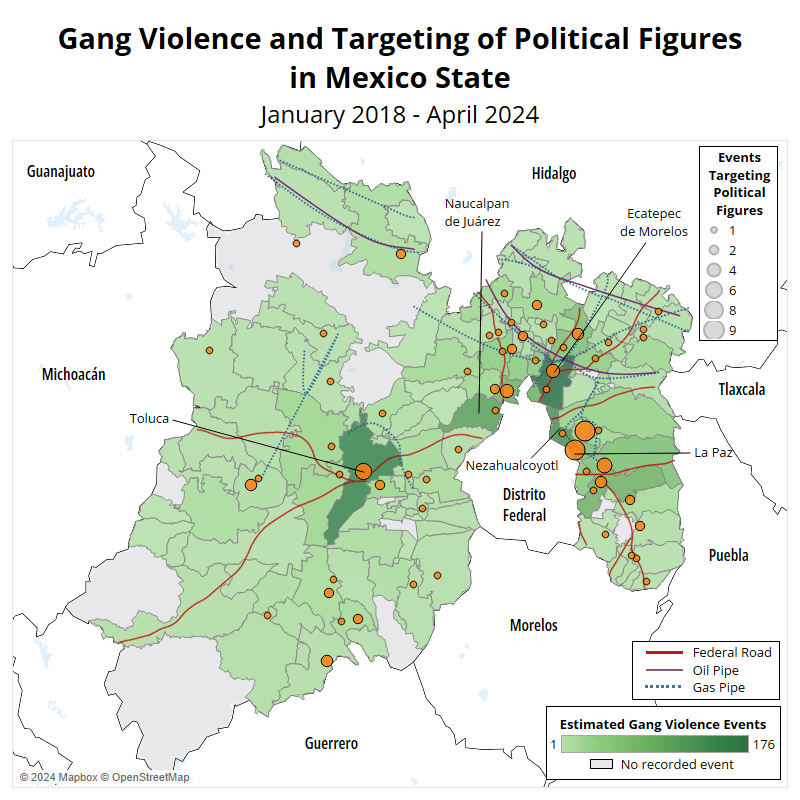 Map - Election watch -Gang violence and Targeting of Political figures in Mexico State - January 2018 - April 2024