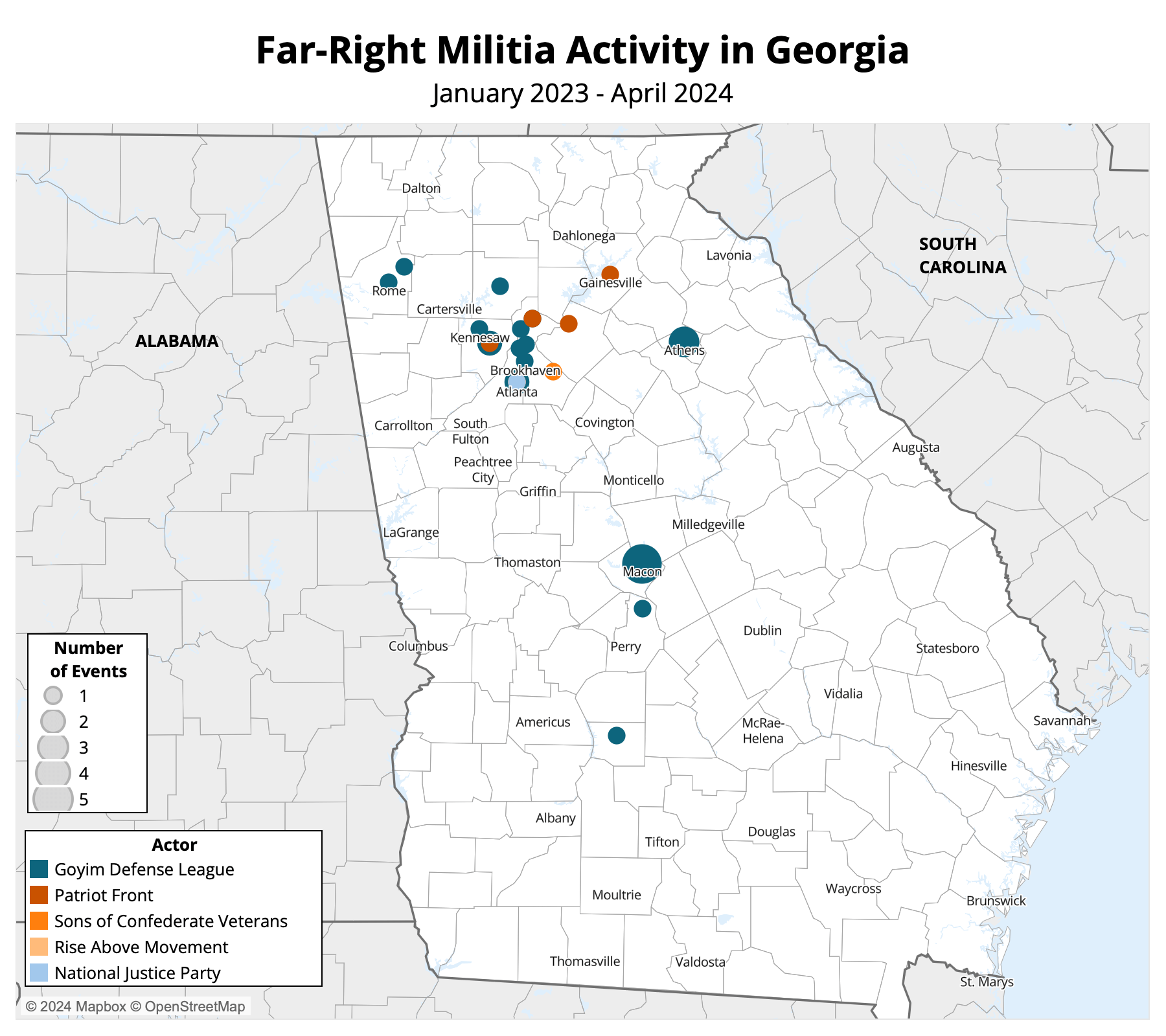 Map - US Crisis Monitor - Far-Right Militia activity in Georgia - January 2023 to April 2024