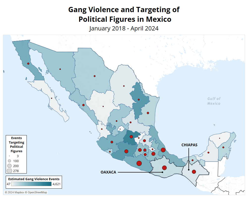 Map - Gang Violence and targeting of political figures in Mexico - January 2018 to April 2024