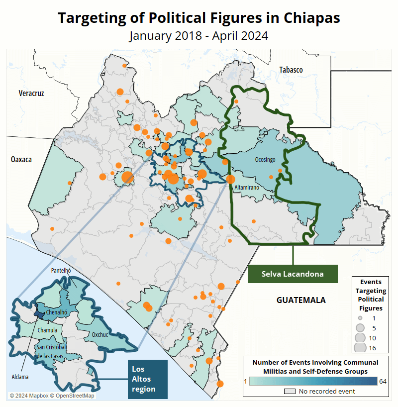 Map - Targeting of political figures in Chiapas January 2018 to April 2024