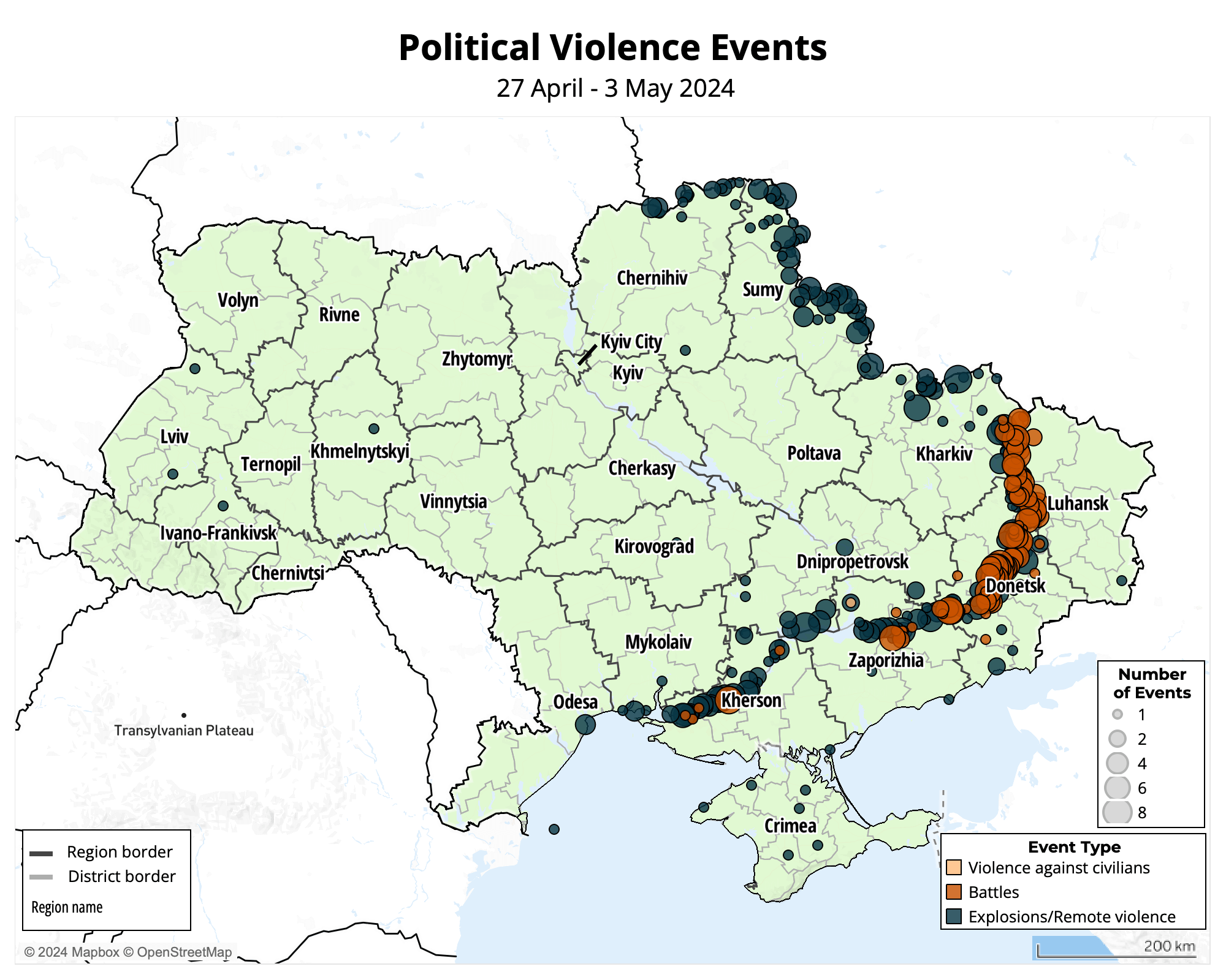 Map showing political violence events in Ukraine, 27 april - 3 may 2024