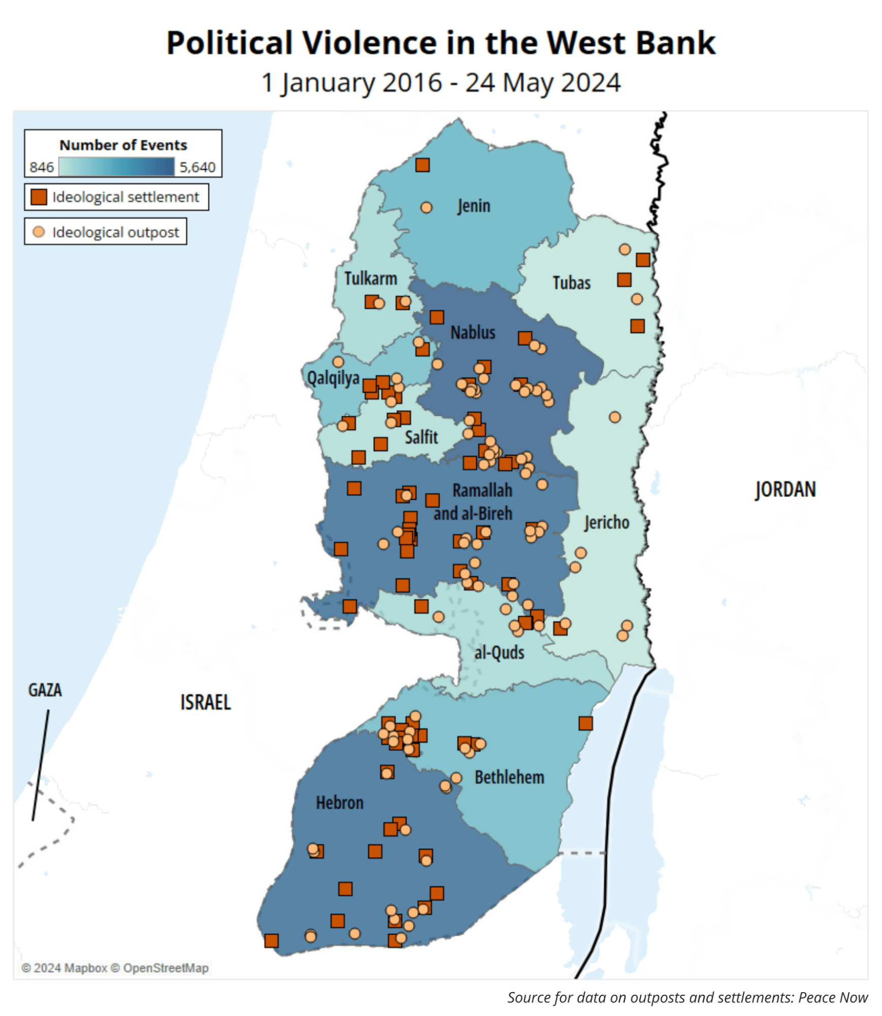 Map - Political Violence in the West Bank 1 January 2016 - 24 May 2024