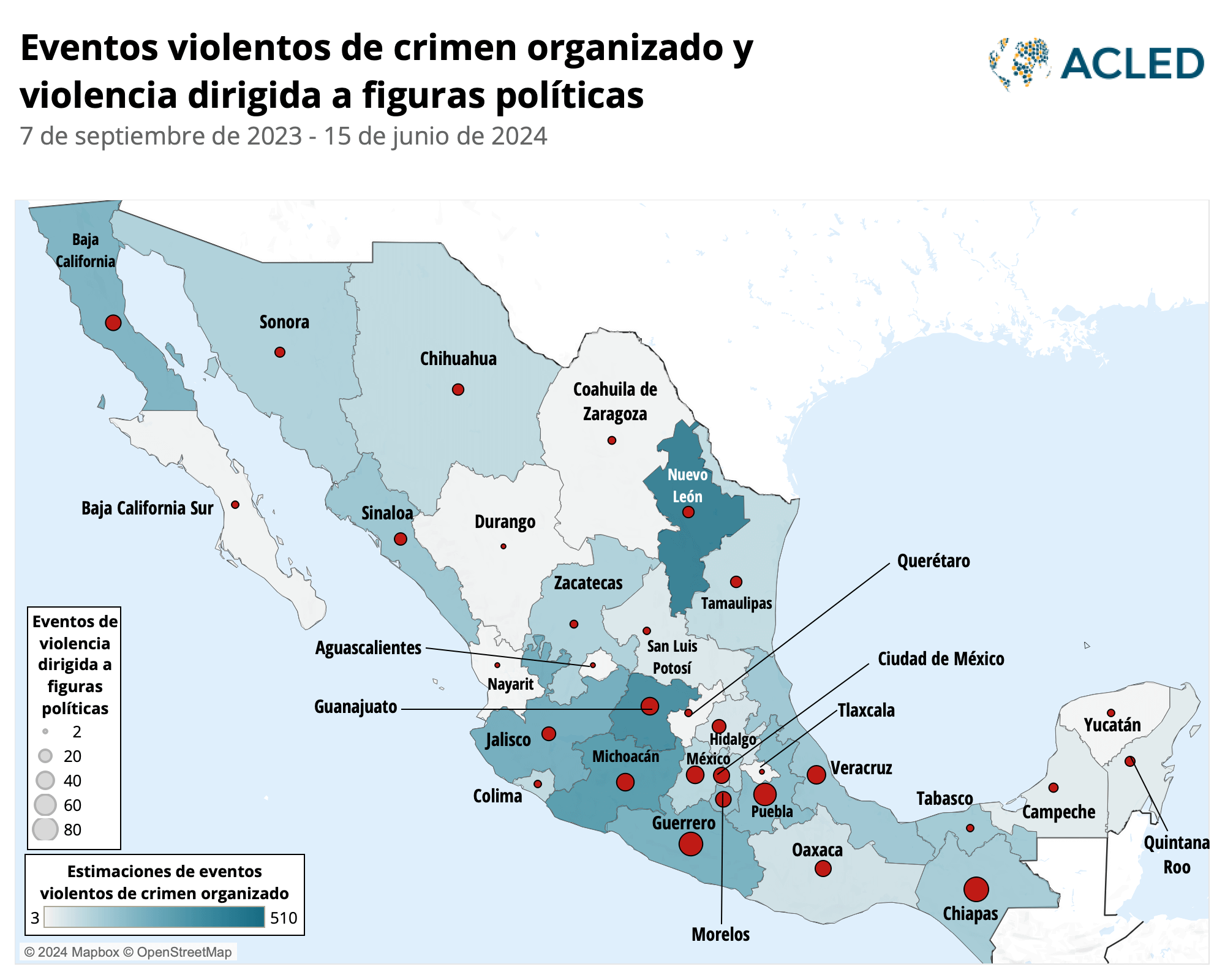 Map - Estimated gang violence and targeting of political figures in Mexico - 7 Sept 2023 - 15 June 2024 - Spanish