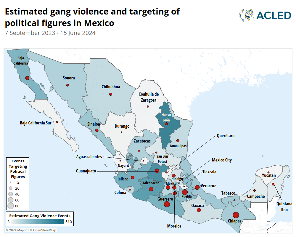 Map - Estimated gang violence and targeting of political figures in Mexico - 7 Sept 2023 - 15 June 2024