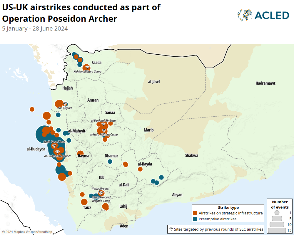 Map - US-UK airstikes conducted as part of Operation Poseidon Archer - January-June 2024