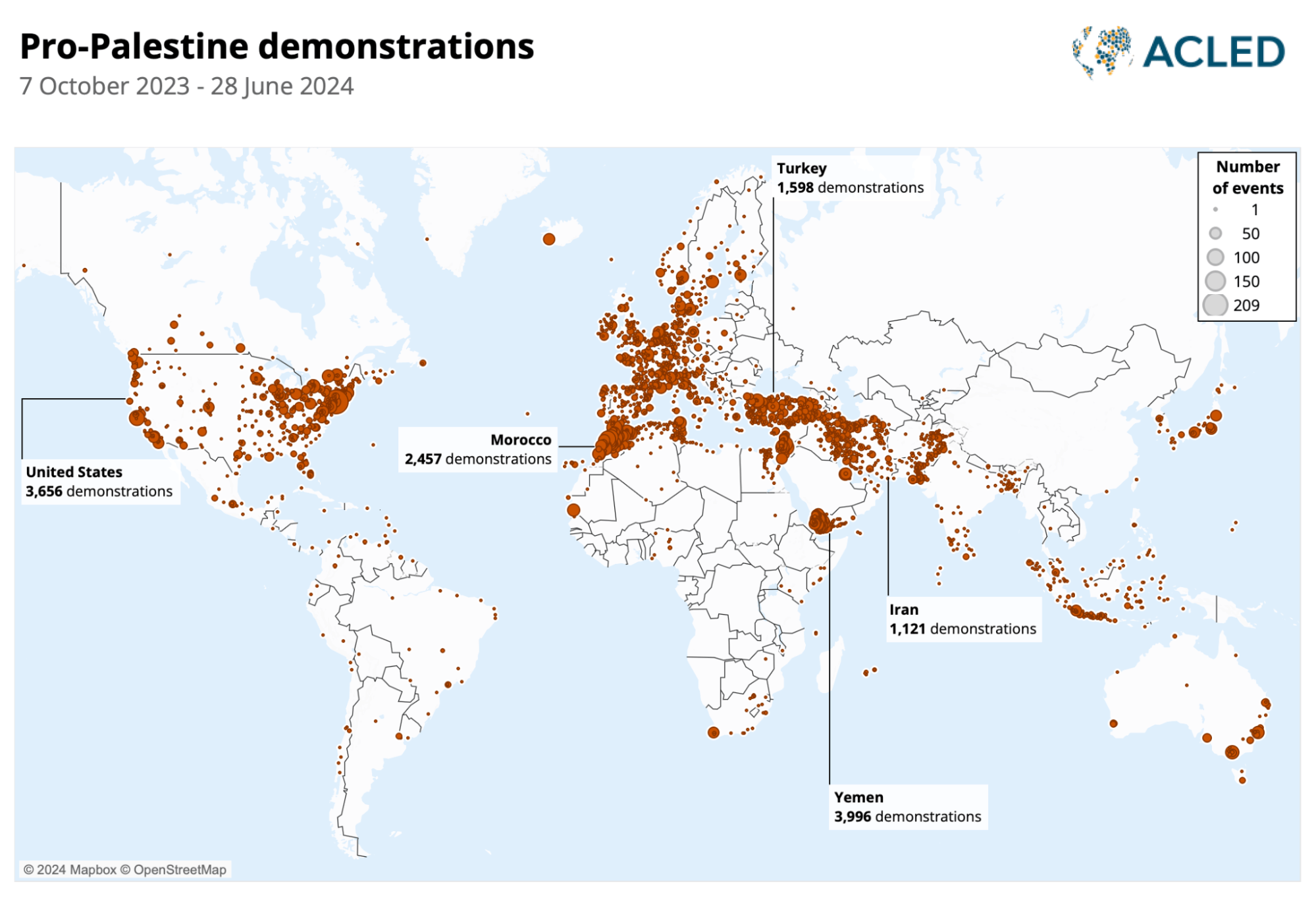 Map showing pro-palestine demonstrations over the world, from 7 October 2023 - 28 June 2024