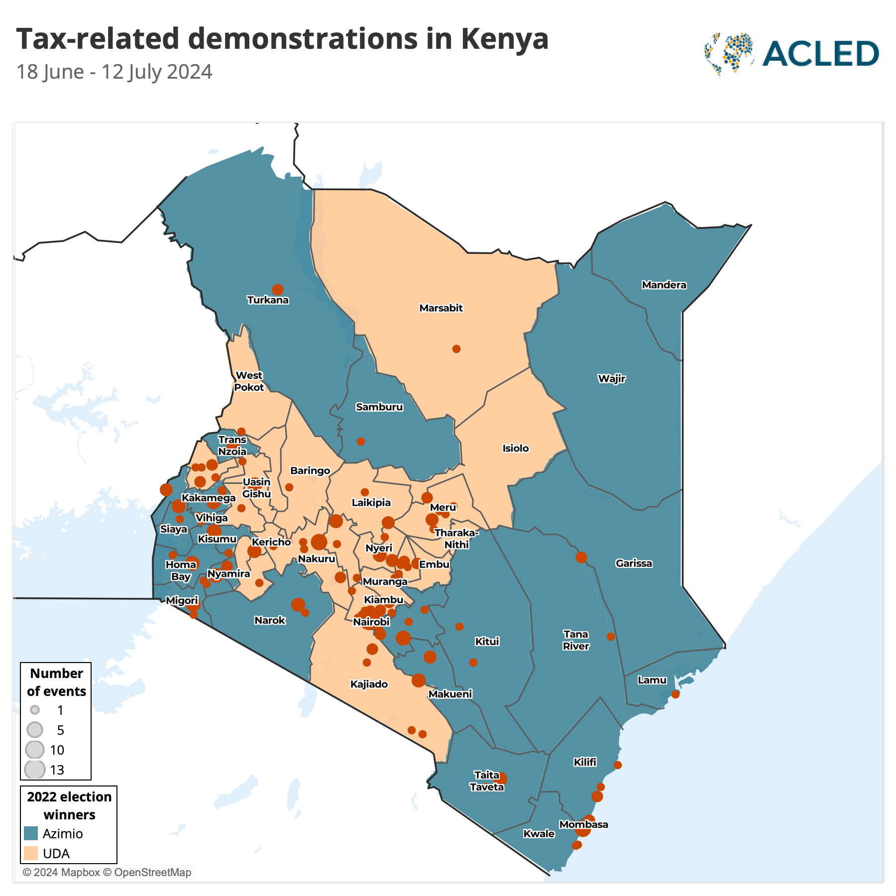 Map - Tax related demonstrations in Kenya - June to July 2024
