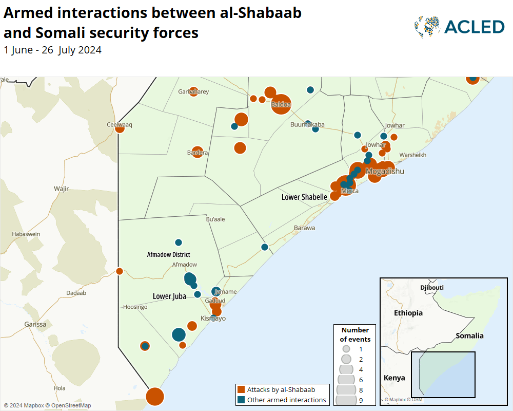 Map - Armed interactions between al-Shabaab and Somali security forces - June -July 2024