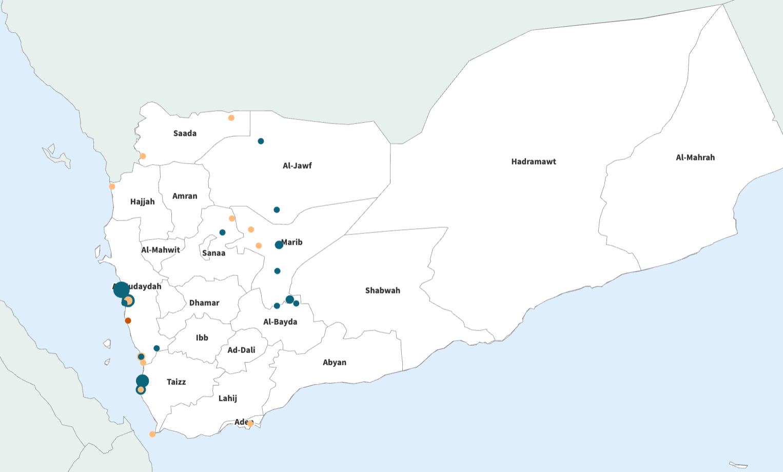 Map showing different types of drones used by the Houthis in Yemen