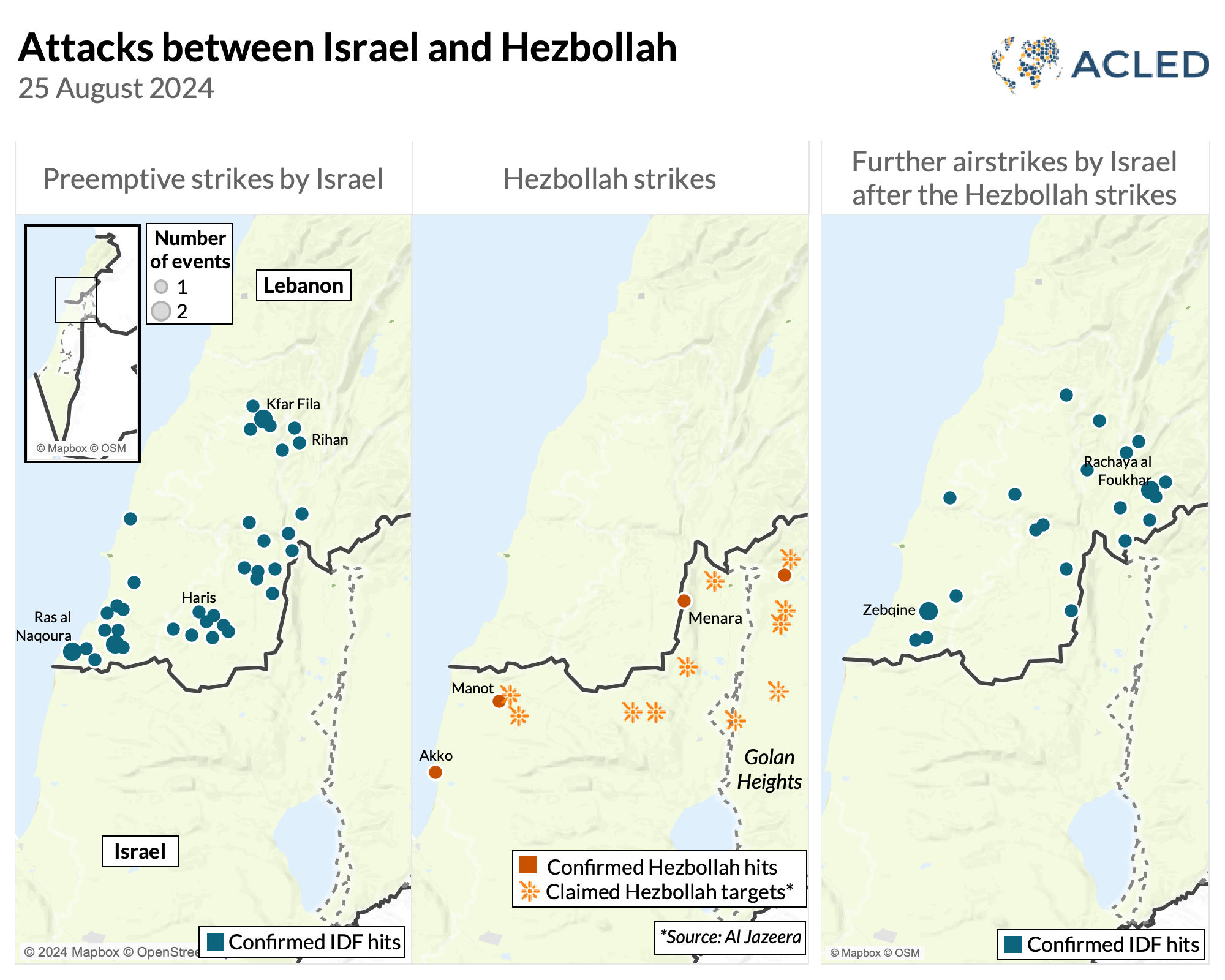 Map - Attacks between Israel and Hezbollah 25 August 2024