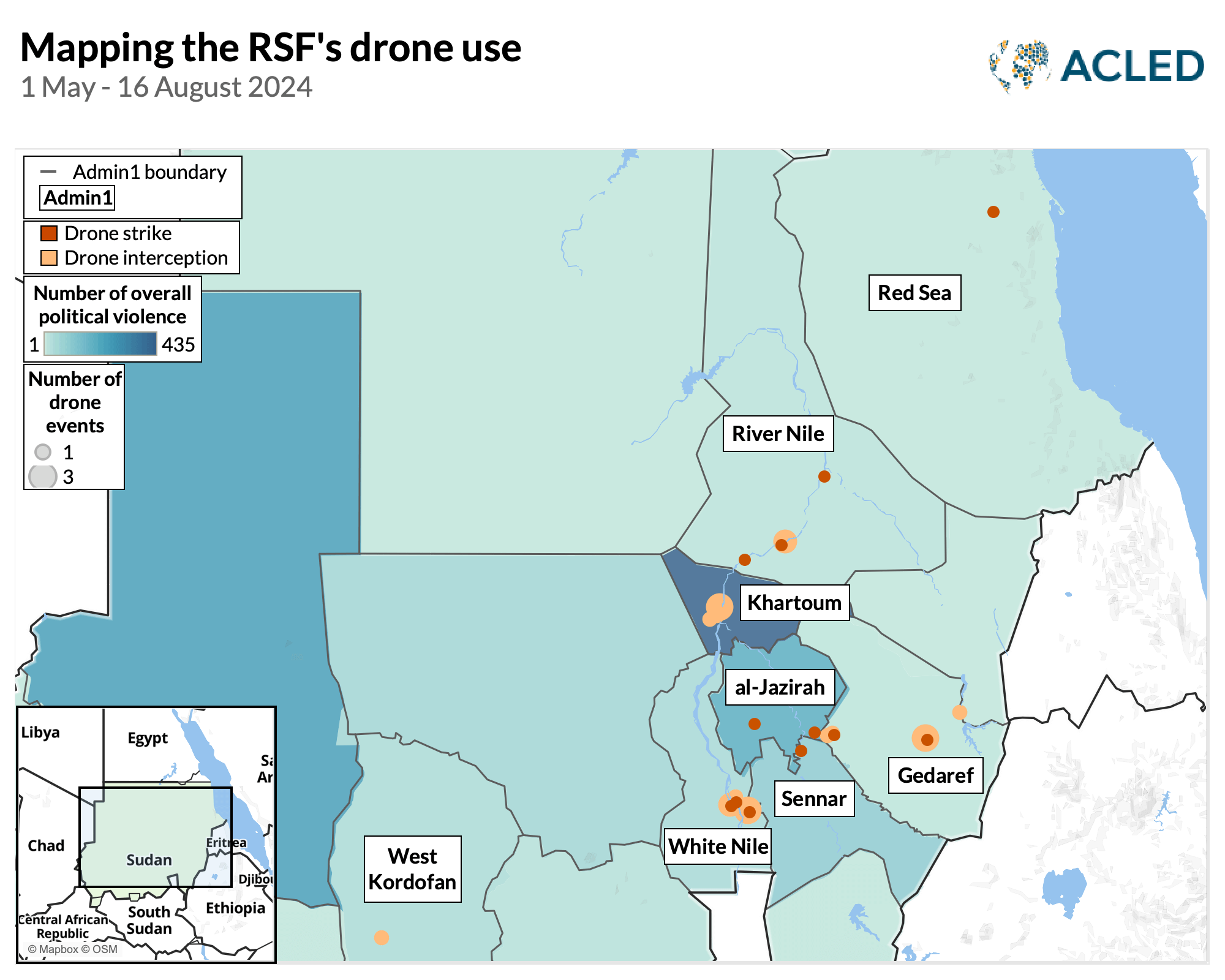 Sudan - Mapping the RSF's drone use - 1 May - 16 August 2024