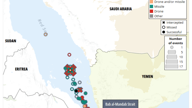 Map - Attacks by Houthis in the Red Sea 19 November 2023 - 11 July 2024