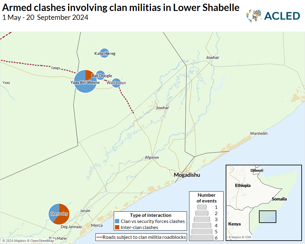 Map -Armed clashes involving clan militias in Lower Shabelle 1 May - 20 September 2024