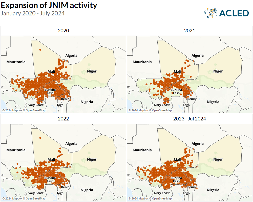 Map - Expansion of JNIM activity January 2020 - July 2024